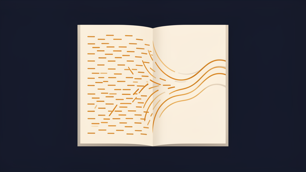 Illustration: an open book whose em-dash-riddled left page flows into smooth continuous prose lines on the right